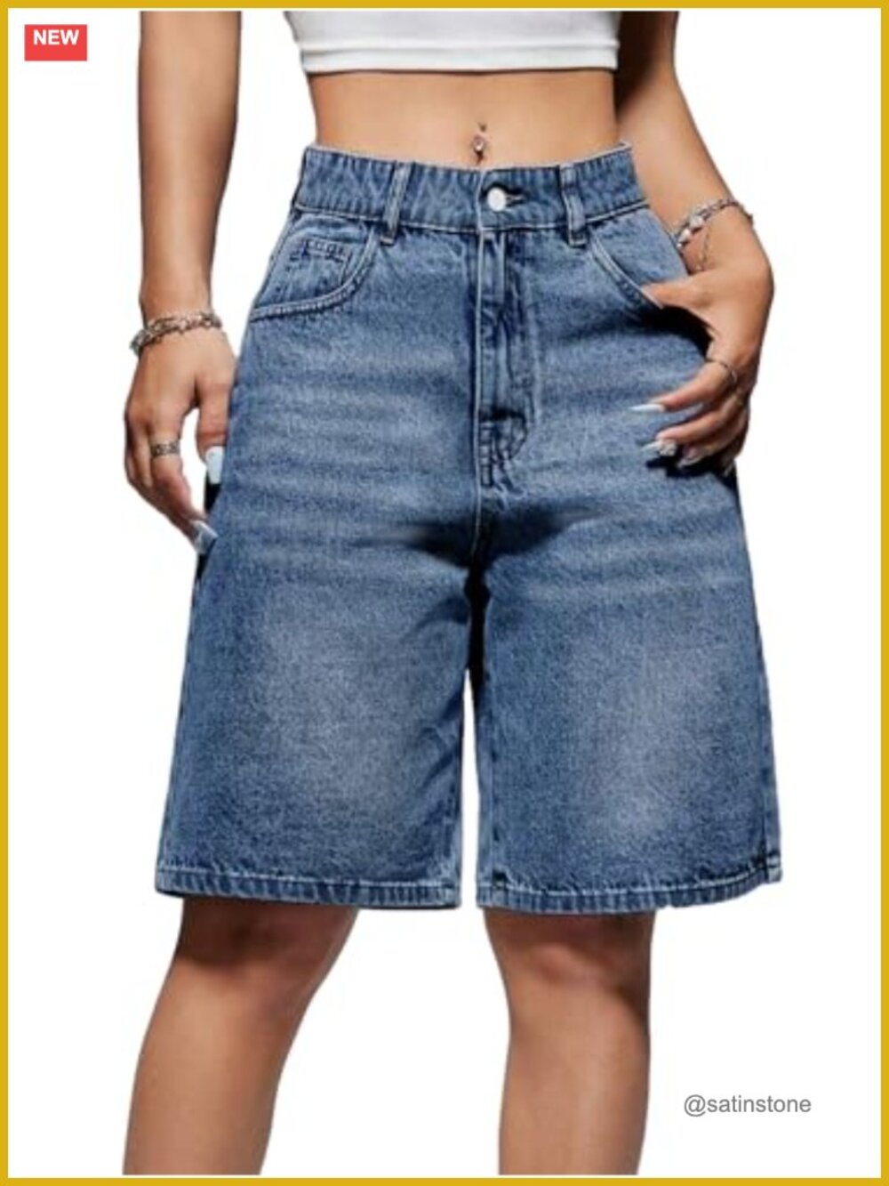 EMMIOL High Waisted Wide Leg Denim Bermuda Shorts Cotton Jorts